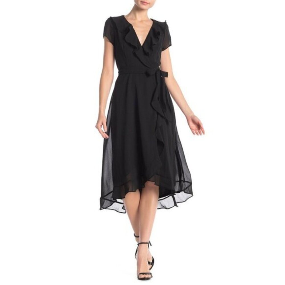 Gabby Skye Black Dress Cap Sleeve Tie Waist Faux Wrap Above Knee SZ 10 NWT